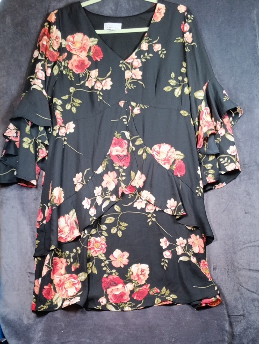 Signature by Robbie Bee Black Tunic with Pink & Red Rose Print